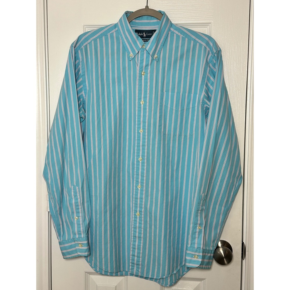 Ralph Lauren Classic Fit Mens Medium Blue Purple Stripe Button Down Shirt Cotton - Picture 2 of 11